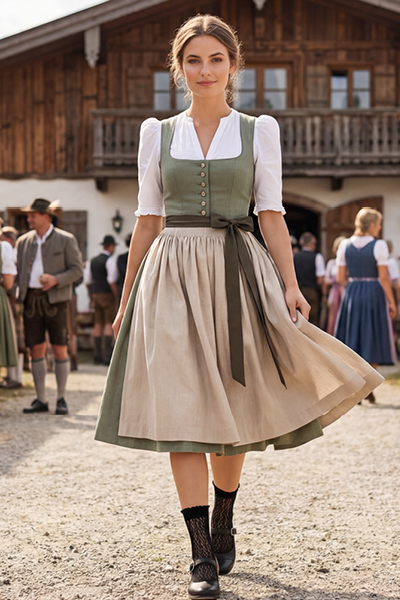 Frau im hellen Dirndl auf einem Platz