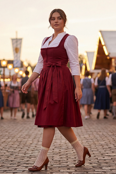 Frau im roten Dirndl auf einem Volksfest