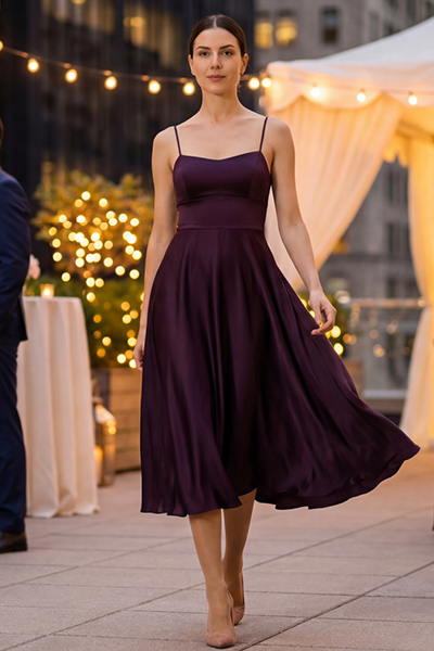 Frau im violetten Abendkleid mit Strumpfhose