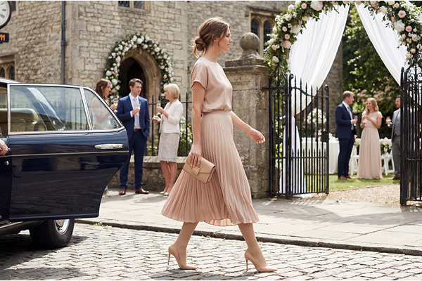 Frau im beigen Kleid mit transparenter Strumpfhose im Innenhof