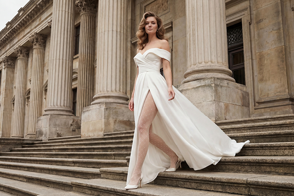 Braut im Hochzeitskleid auf Treppe