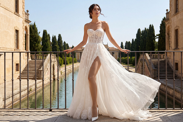 Braut im schulterfreien Hochzeitskleid im Freien